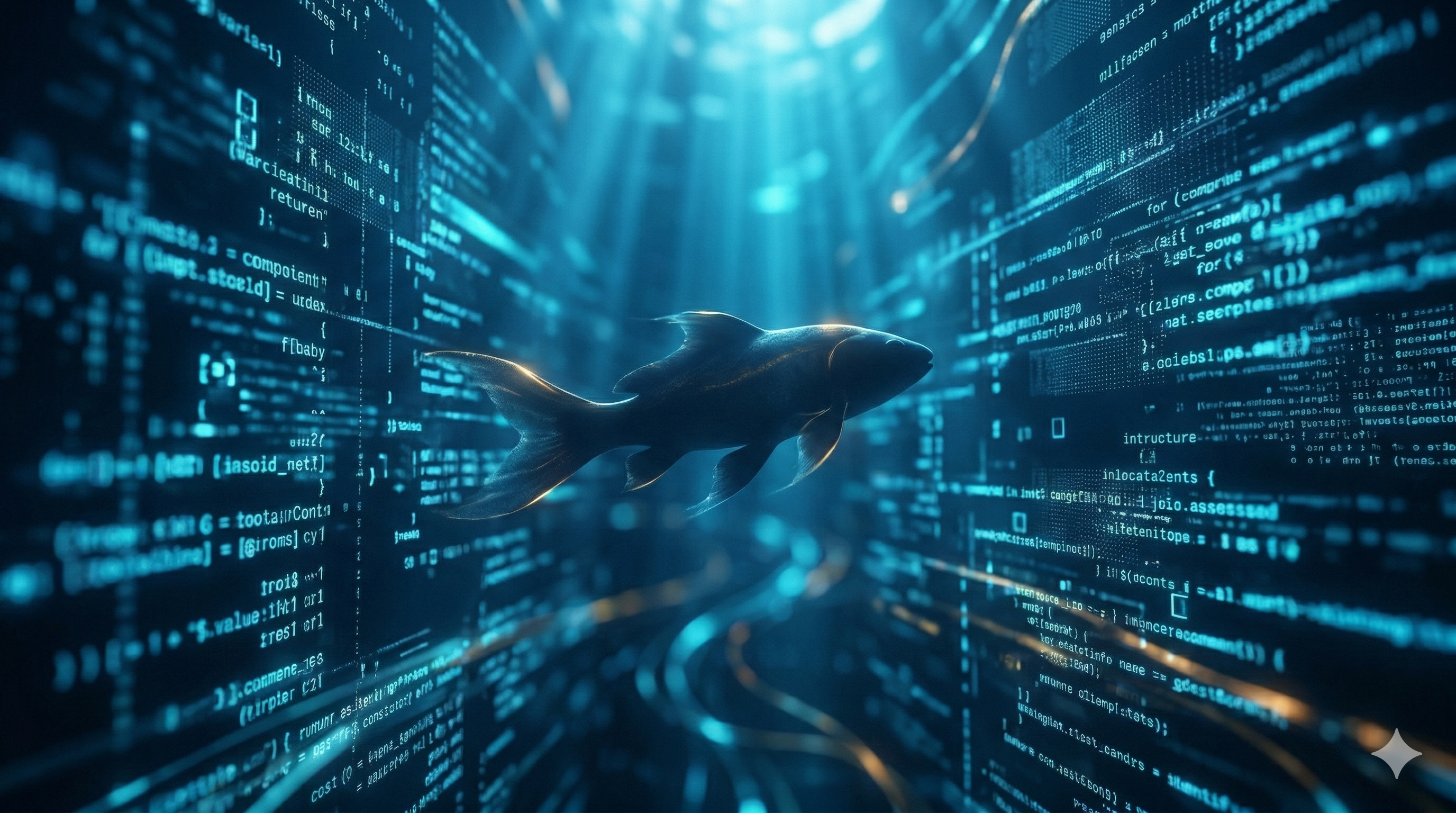 Peixe solitário a nadar entre correntes de código luminoso — metáfora da IA no seu elemento natural