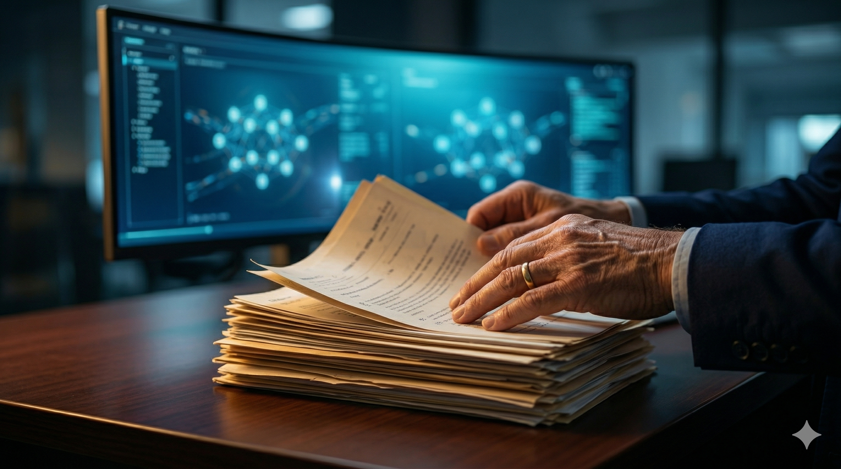 Mãos profissionais a rever documentos em papel enquanto um ecrã de IA permanece sem uso em segundo plano