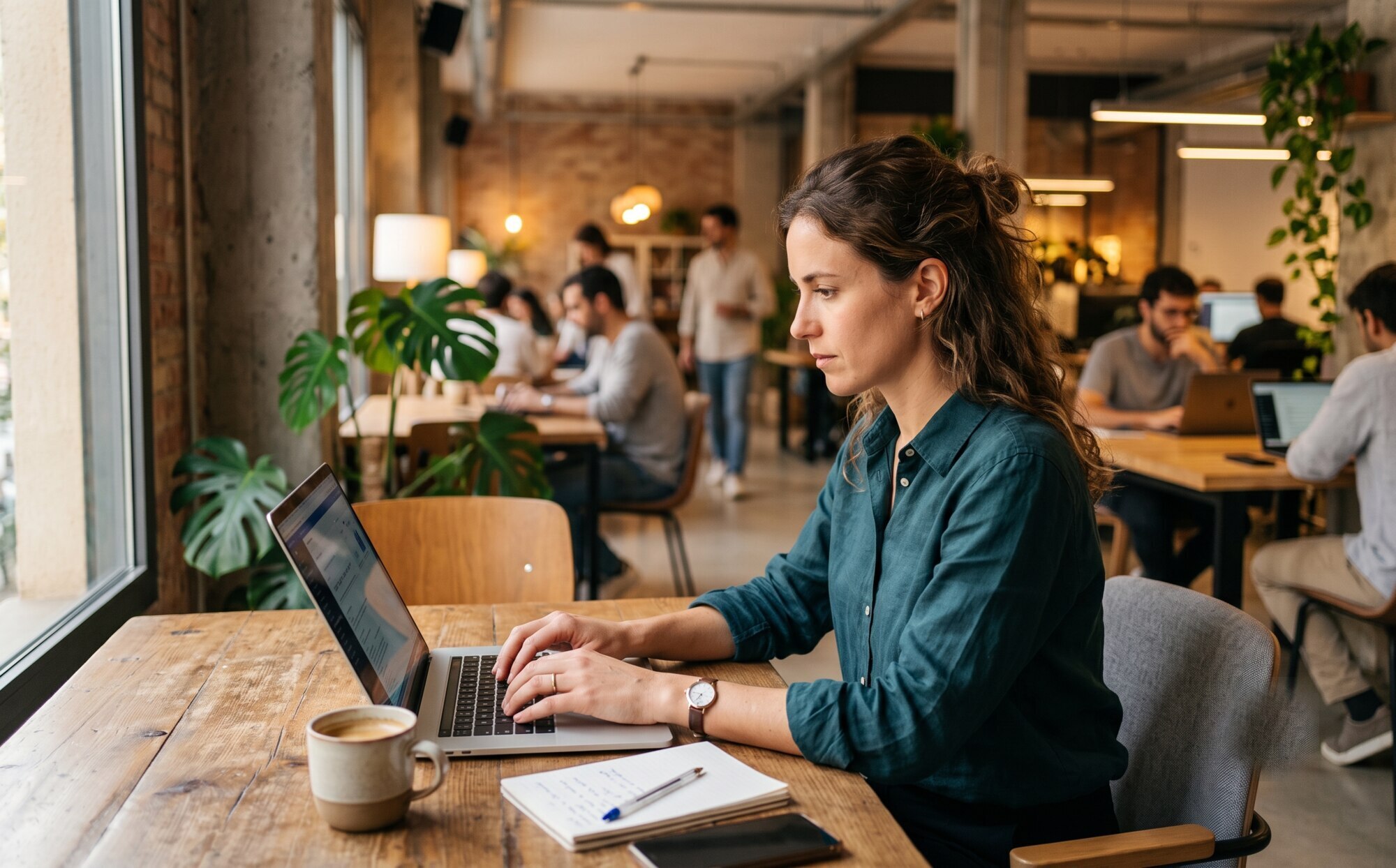 Pessoa a trabalhar com o seu portátil pessoal num espaço de coworking, ligada por wifi pública